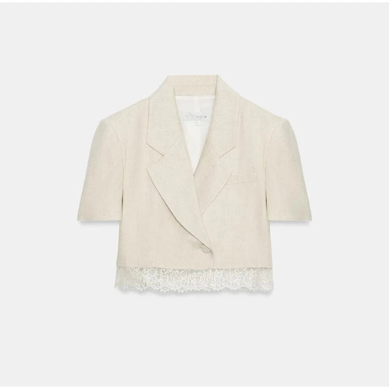 Fashion Lace Patchwork Suit Shorts Two-piece Set Women Lapel Short Sleeved Tops Pockets Pants Suits Summer Office Lady Outfits