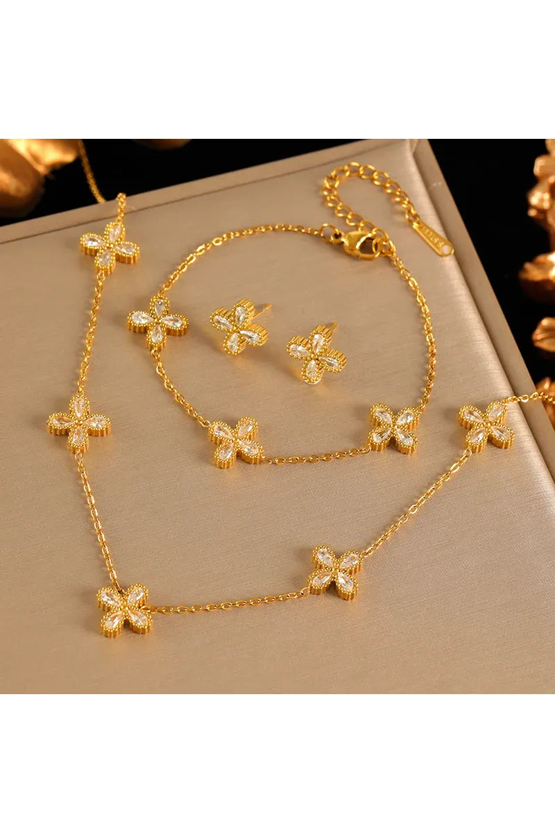 EILIECK 316L Edelstahl Blume Blütenblatt Zirkon Halskette Ohrringe Armband Set Für Frauen Mode Wasserdicht Schmuck Party Geschenk