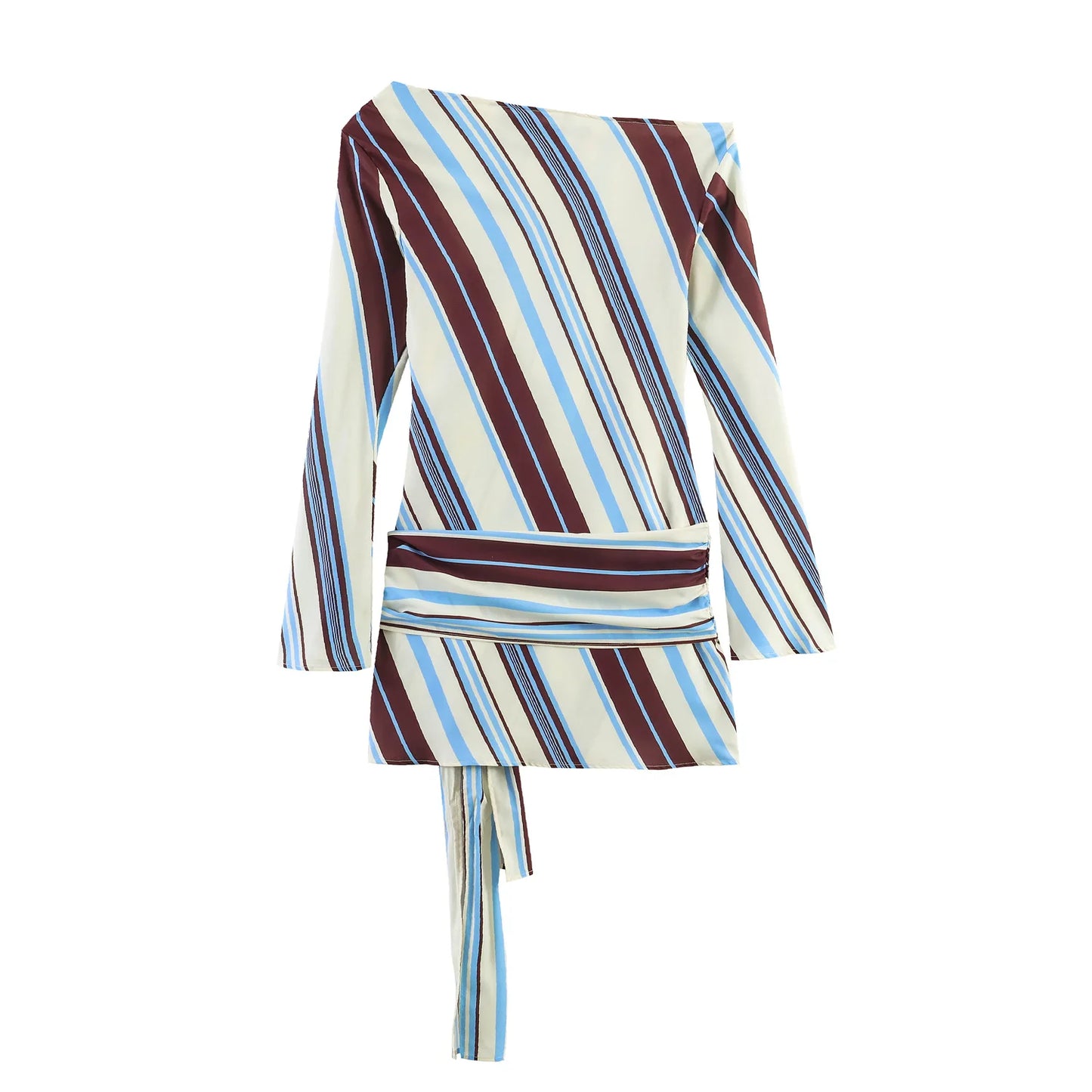 TFMLN New Women Striped Resort Dress Chic One Shoulder Tie Waist Long Sleeve Mini Dresses Female Slim Fashion Beach Lady Outfit