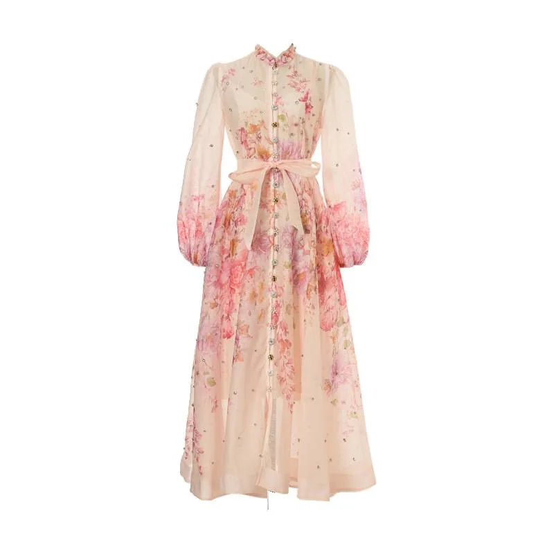 Spring Summer 2026 New Style Long Skirt Dress Women's Maxi Dress Diamond Floral Print High Waist Long Sleeve Street Style Ele...