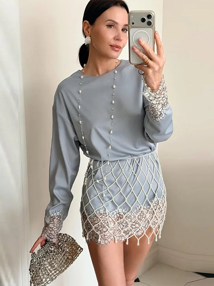 Lady Chic Diamond Beaded Tassel Hem Skirt 2026 Lace Trim Full Sleeve Shirt Short Skirt Outfits Casual Luxury Satin 2 Piece Set