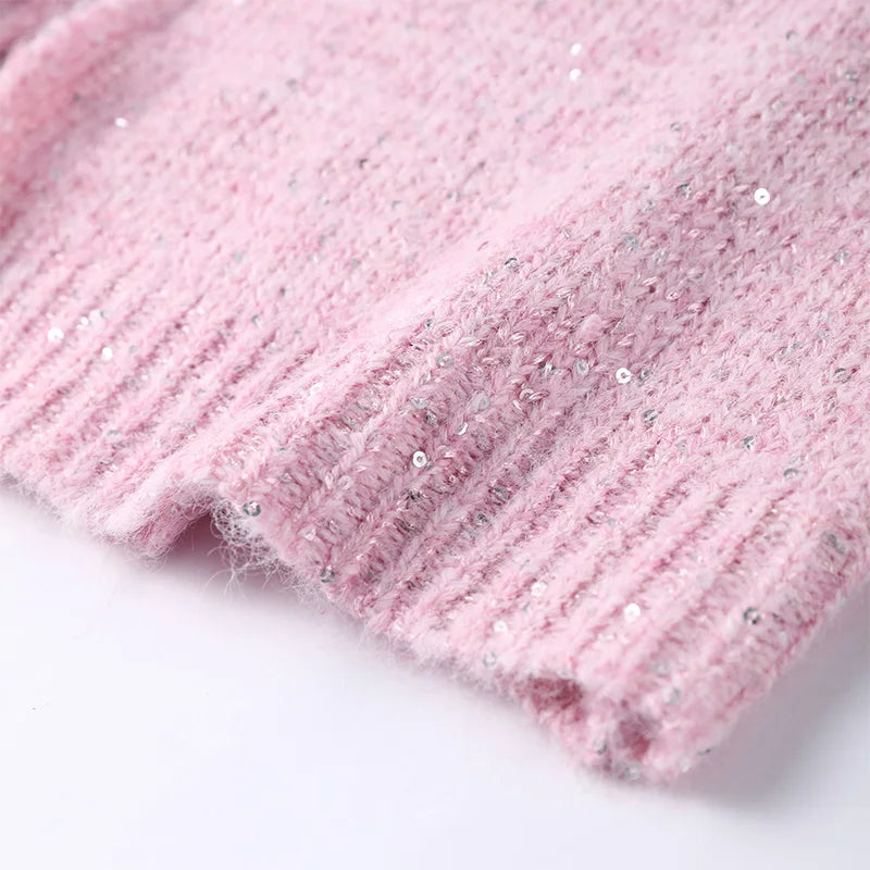 Casual Pailletten Lose Pullover Frauen Volle Hülse Gestrickte Solide Shinny Revers Reißverschlüsse Pullover Weibliche 2026 Frühling Dame Outwears