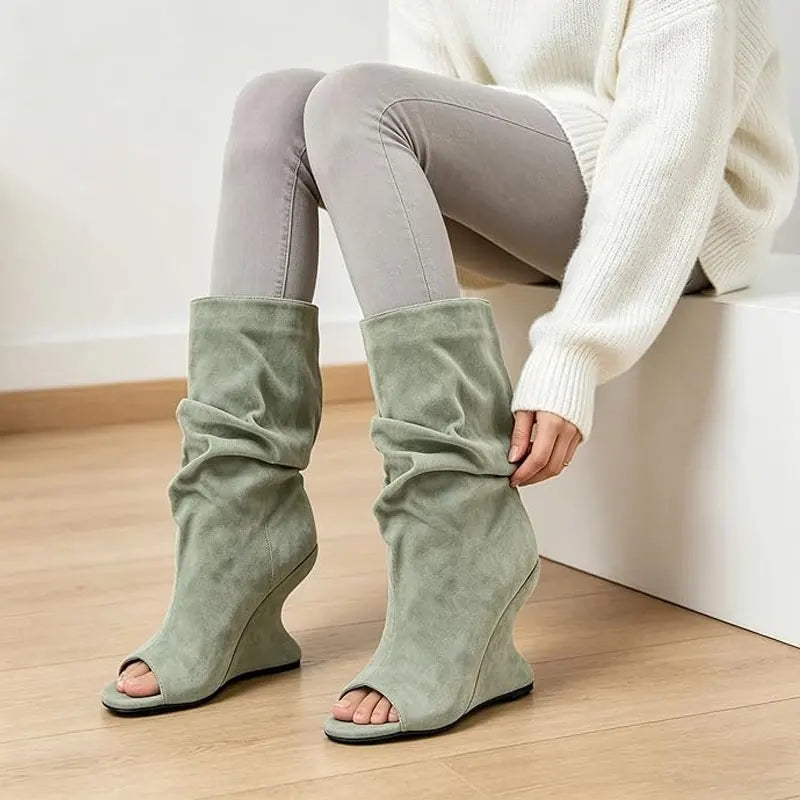 European AndAmerican Hot Girls with Pleated Pile Sleeves,fish Mouth Cool Boots,women's Fashion, Big Tube,sloping Andknight Boots