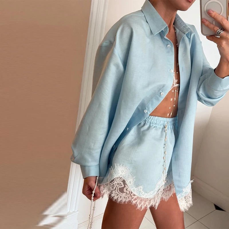 Strandhemden & Shorts Outfits für Damen: Revers, Einreiher, Lange Ärmel, Spitzen-Patchwork-Sets – Frühling/Sommer 2026 Urlaubs-Sets für Frauen