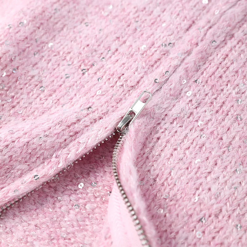 Casual Pailletten Lose Pullover Frauen Volle Hülse Gestrickte Solide Shinny Revers Reißverschlüsse Pullover Weibliche 2026 Frühling Dame Outwears