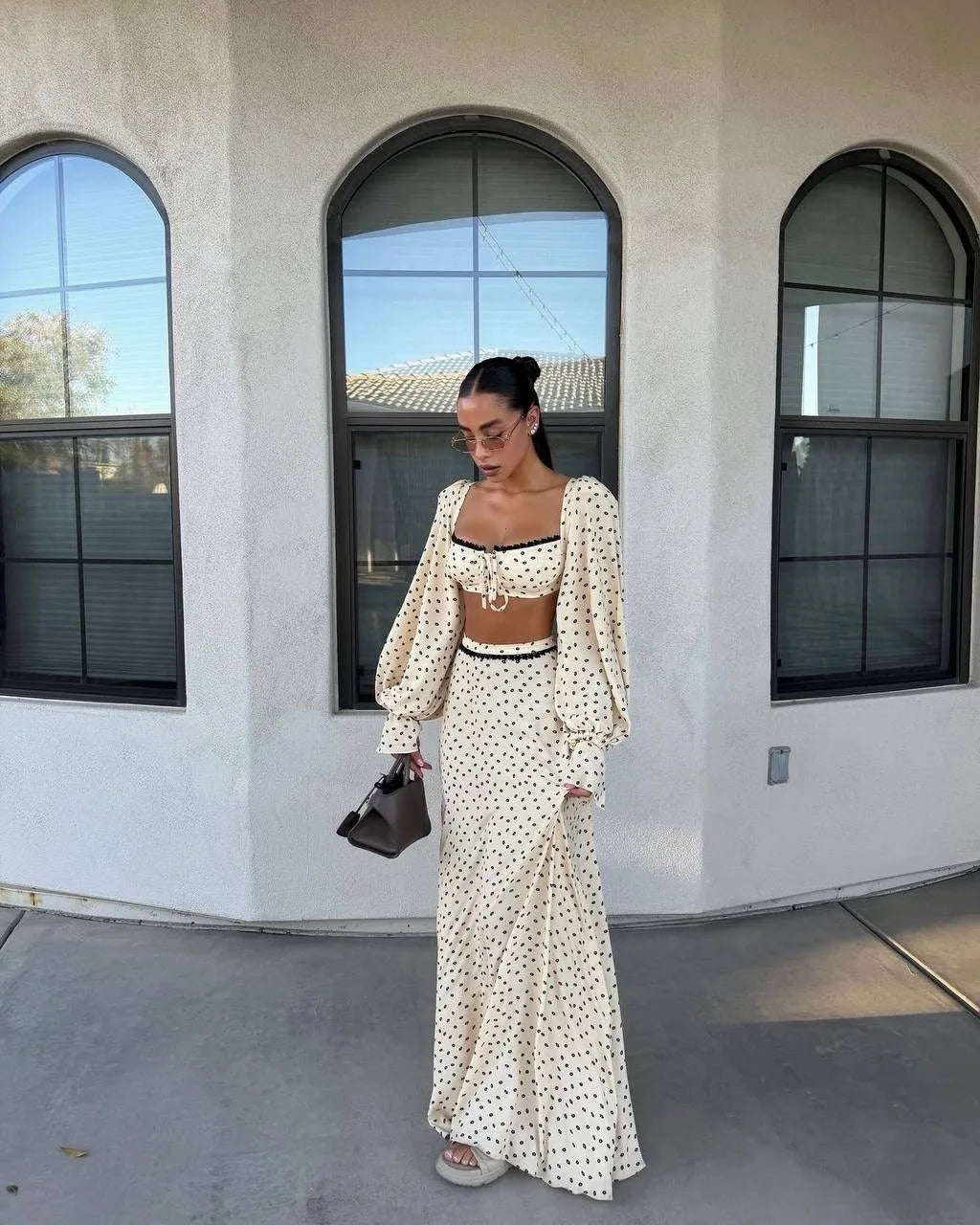 Sexy Polka Dot Tank Top Skirt Women Set Beach Long Lantern Sleeve Tops A-line Trumpet Skirts Suit 2026 Spring Summer Lady Outfit
