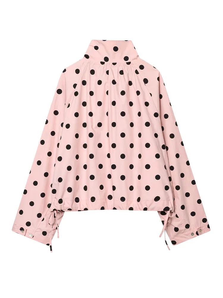 HH Damen Langarm Rosa Gepunktete Jacke Modische Einreihige Hochkragen Kurze Jacke Damen Frühling Lässige High-Street-Jacke