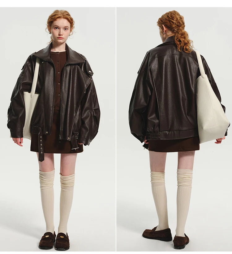 Lautaro Frühling Herbst Kühle Braun Übergroße Pu Leder Jacke Frauen Langarm Zip Up Luxus Designer Amerikanische Retro Kleidung