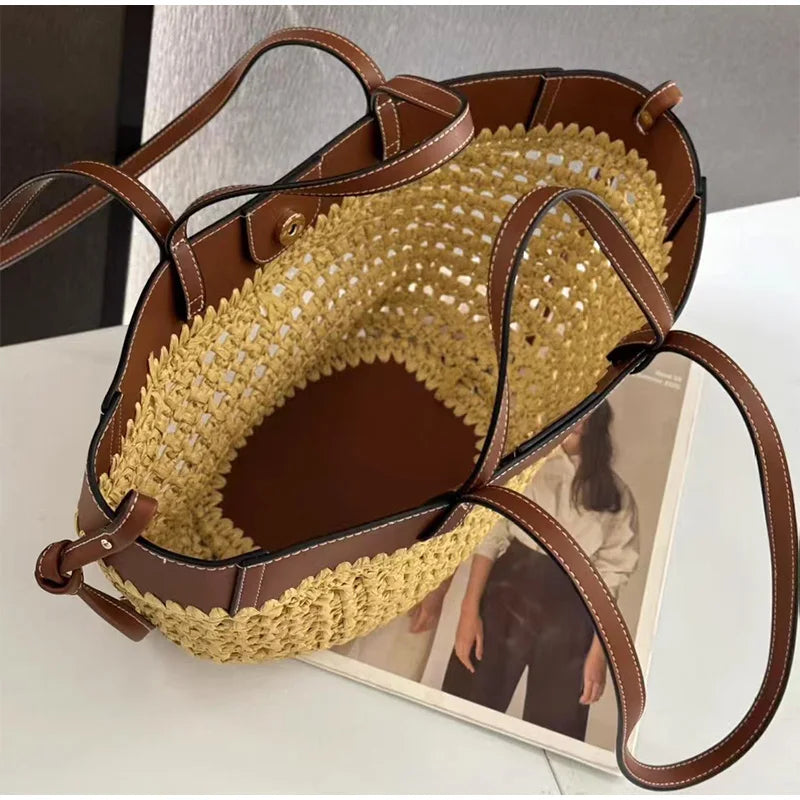 Women Straw 2in1 Woven Bag Fashion Plush Wings Armpit Bag Large Capacity Dumpling Straw Shoulder Bag For Summer Beach Bucket Bag