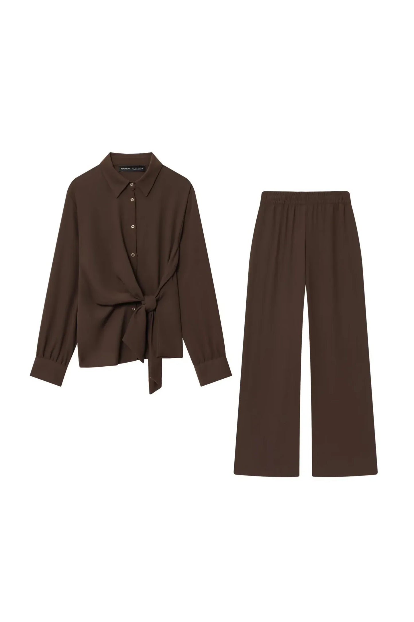 BSAY Hosen set 2 stücke anzug 2025 herbst neue revers lange ärmeln knoten verziert hemd oder elastische hohe taille breite bein hosen mujer