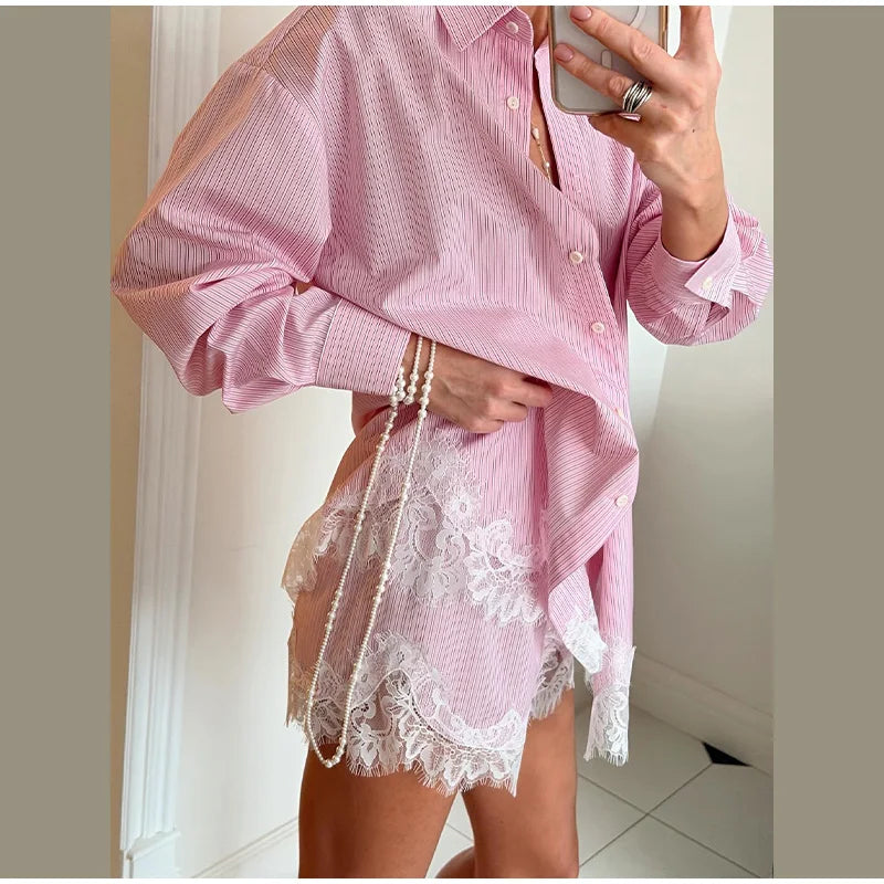Strandhemden & Shorts Outfits für Damen: Revers, Einreiher, Lange Ärmel, Spitzen-Patchwork-Sets – Frühling/Sommer 2026 Urlaubs-Sets für Frauen