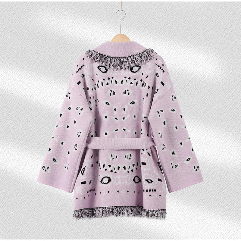 2026 frühling Quaste Gestrickte Jacquard frauen Strickjacken Lose Patchwork V-ausschnitt Langarm Dicke Warme Pullover Dame Neue Strickwaren