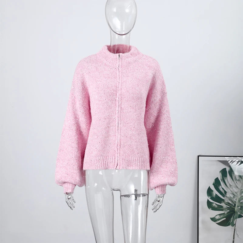 Casual Pailletten Lose Pullover Frauen Volle Hülse Gestrickte Solide Shinny Revers Reißverschlüsse Pullover Weibliche 2026 Frühling Dame Outwears