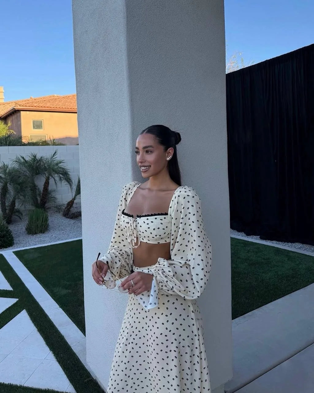 Sexy Polka Dot Tank Top Skirt Women Set Beach Long Lantern Sleeve Tops A-line Trumpet Skirts Suit 2026 Spring Summer Lady Outfit