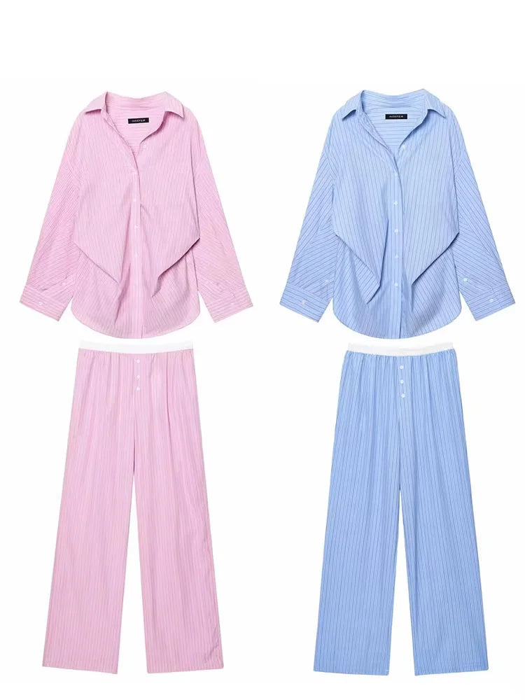 HH Women's Striped Pants Suit Bat Sleeve Loose Poplin Shirt+Elastic Waist Side Pocket Boxer Panties Pajama Style Casual Pant