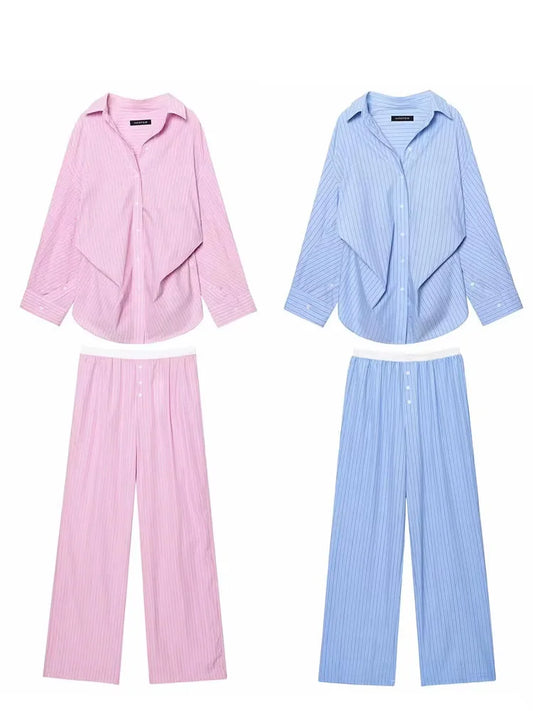 HH Women's Striped Pants Suit Bat Sleeve Loose Poplin Shirt+Elastic Waist Side Pocket Boxer Panties Pajama Style Casual Pant