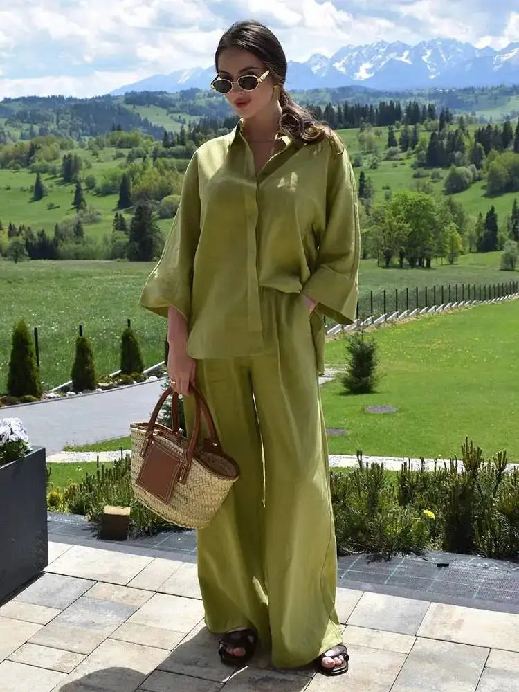 HH 2025 Damen 2-teiliges Set, elastische Taille, Taschenfalten, verziert breite Beinhosen + solides einreihiges Blusenoberteil mit Schlitz am Saum