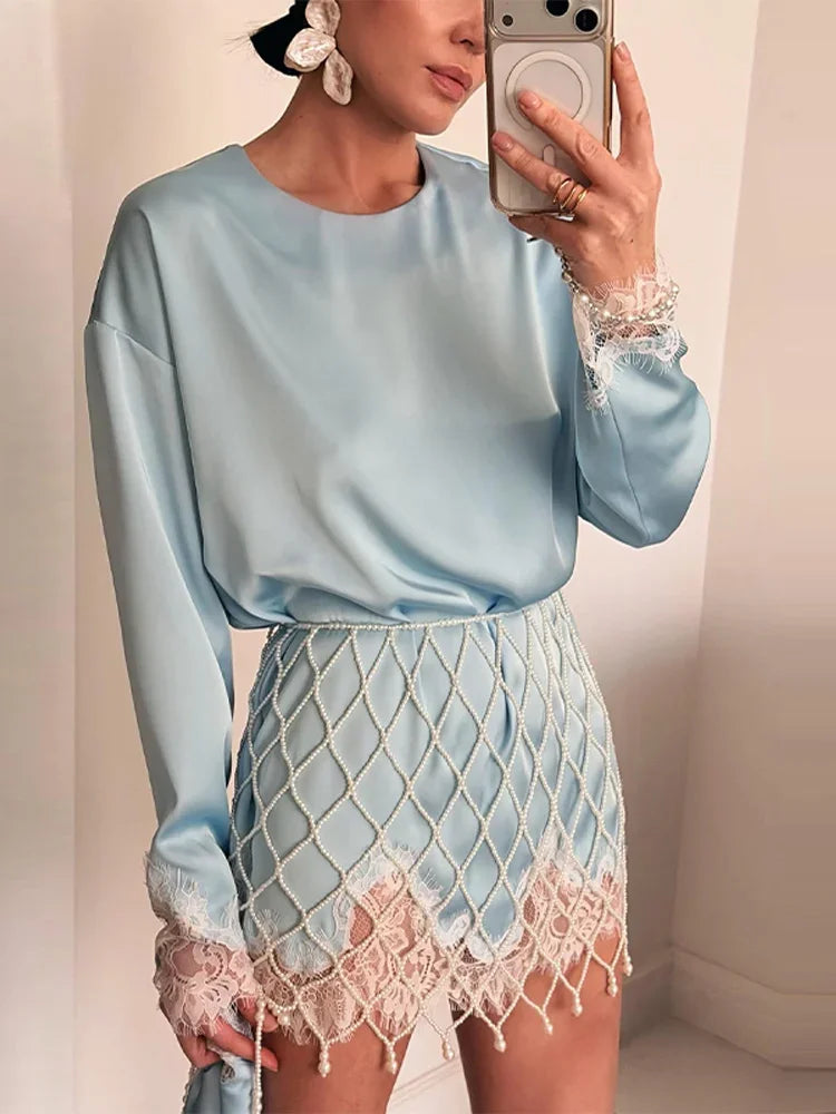 Lady Chic Diamond Beaded Tassel Hem Skirt 2026 Lace Trim Full Sleeve Shirt Short Skirt Outfits Casual Luxury Satin 2 Piece Set