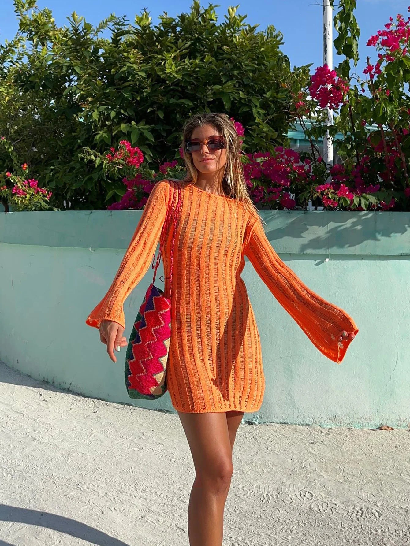 Sexy Hollow Out See-through Round Neck Solid Knit Dress 2026 Summer Women Holiday Vacation Beachwear Swimsuit Mini Dresses K281