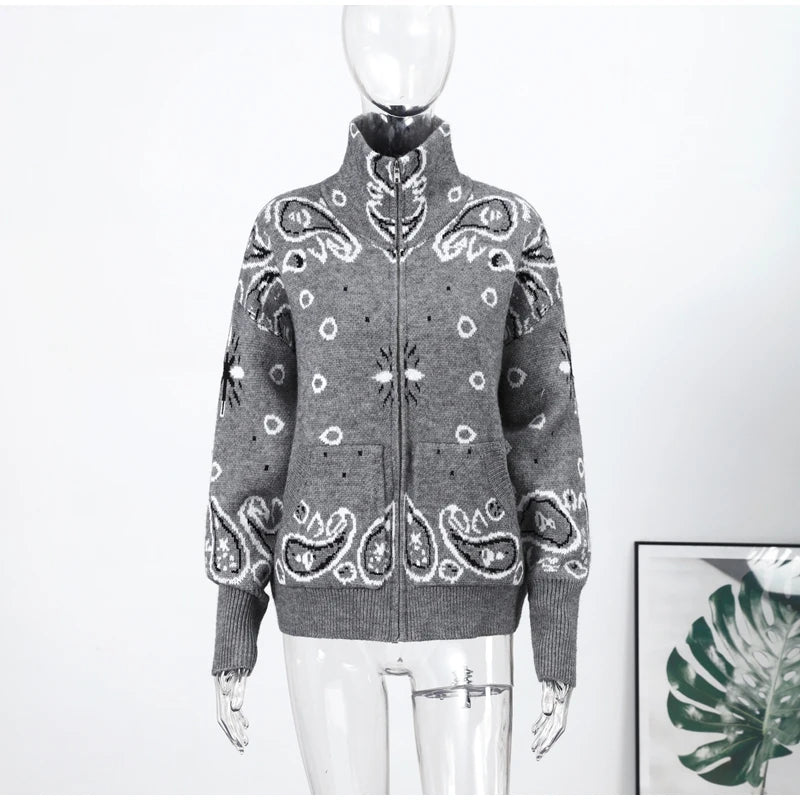 Frauen Gestrickte Getäfelten Pullover drehen-unten Kragen Flare Hülse Reißverschlüsse Mantel Strickjacke Casual Büro Dame Herbst 2025, Pullover