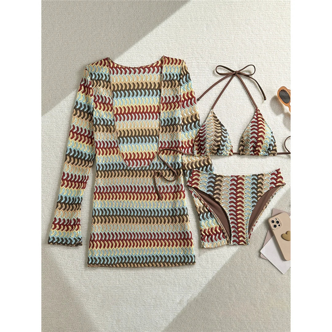 With Long Sleeve Cover Up Printed Bikini Women Swimwear Female Swimsuit Three-pieces Bikini set Bather Bathing Suit Swim M167