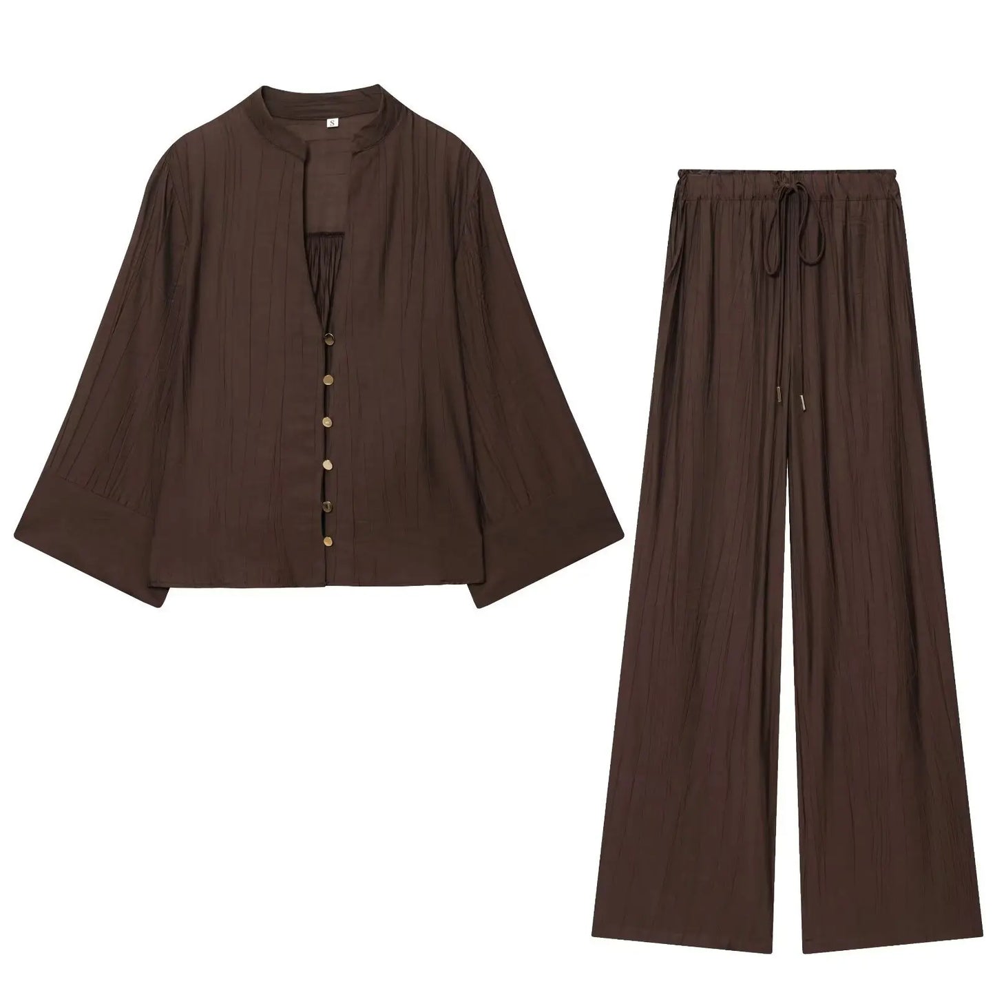 Loose Long Sleeve V-Neck Shirt Elastic Waist High Waist Wide Leg Pants Set Women's Casual Comfortable Polyester Spring Summer