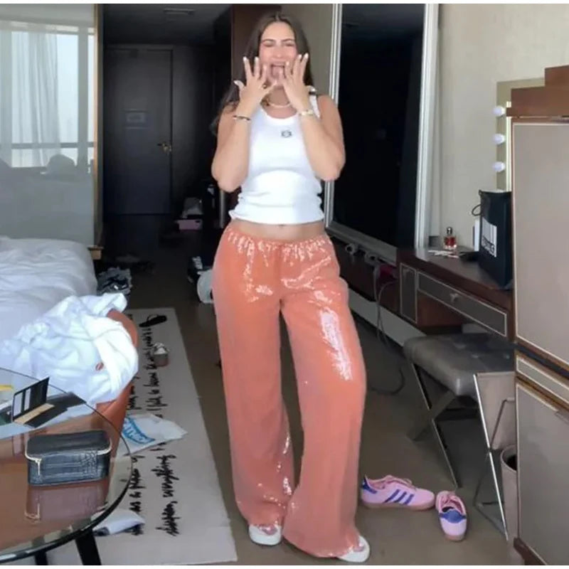 Fashion Sequin Loose Pants Women Solid Drawstring High Waist Wide Leg Trousers Female 2026 Fashion Summer Shinny Bottom Lady