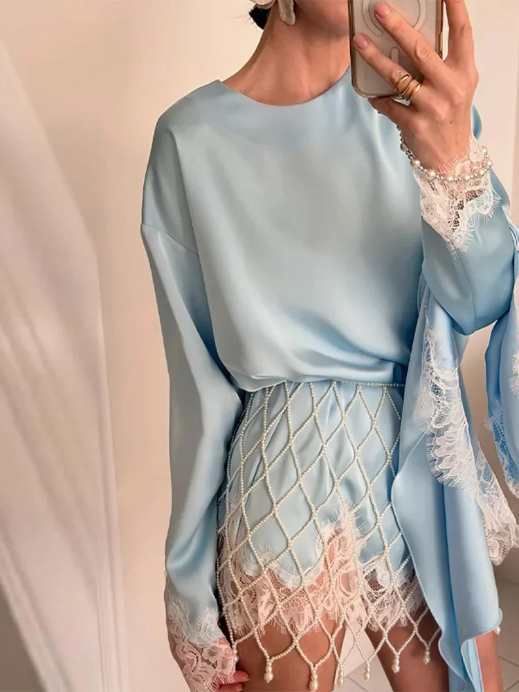 Lady Chic Diamond Beaded Tassel Hem Skirt 2026 Lace Trim Full Sleeve Shirt Short Skirt Outfits Casual Luxury Satin 2 Piece Set
