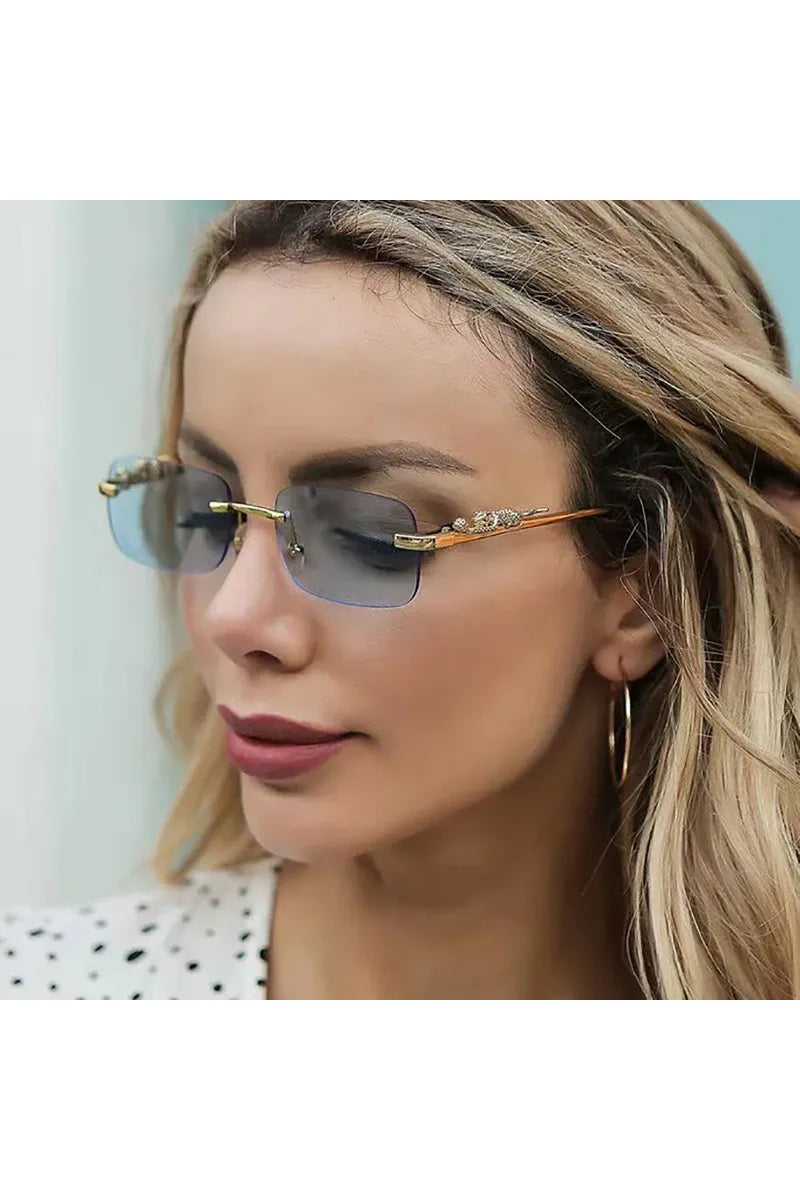 Klassische randlose Sonnenbrille für Herren und Damen, modisch, Leoparden-Dekoration, kleine Sonnenbrille, stilvoll, rahmenlos, zum Fahren, Reisen