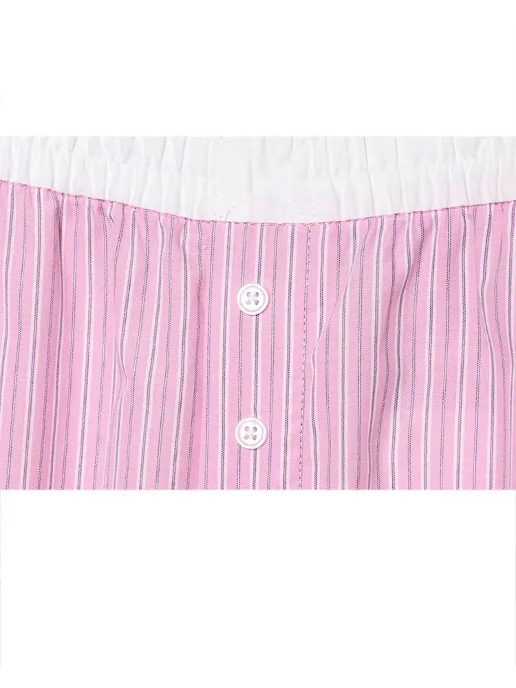HH Women's Striped Pants Suit Bat Sleeve Loose Poplin Shirt+Elastic Waist Side Pocket Boxer Panties Pajama Style Casual Pant