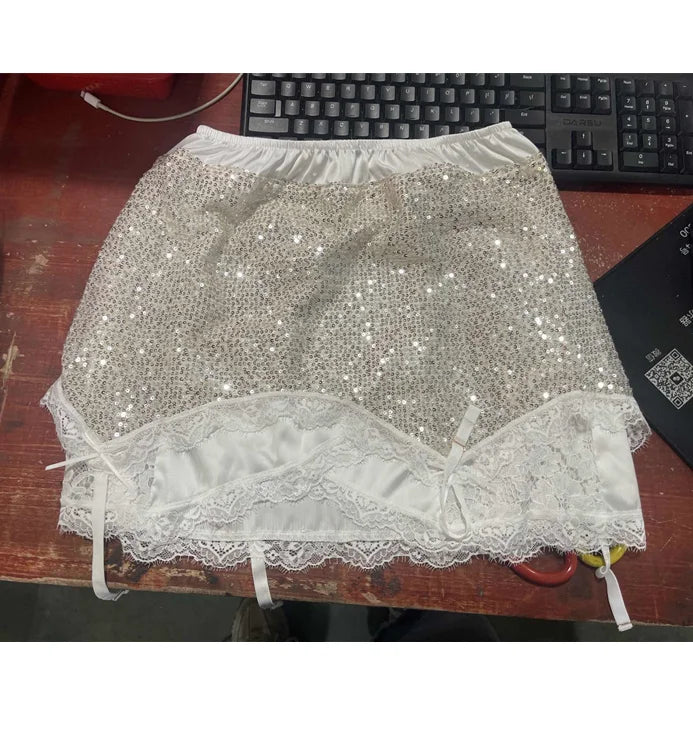 Sexy Lace Sequined Women's Skirt Sets V-neck Backless Cropped Sling Tops Mini A-line Skirt 2026 Summer Lady Beach Party Suits