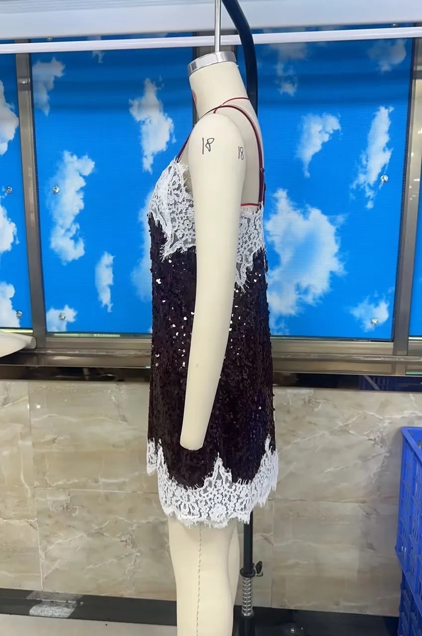 Women Shinny Sleeveless Spaghetti Strap Dress Summer Sequin Sparkly Lace Patchwork V-Neck Party Club Mini Dress Night Gown