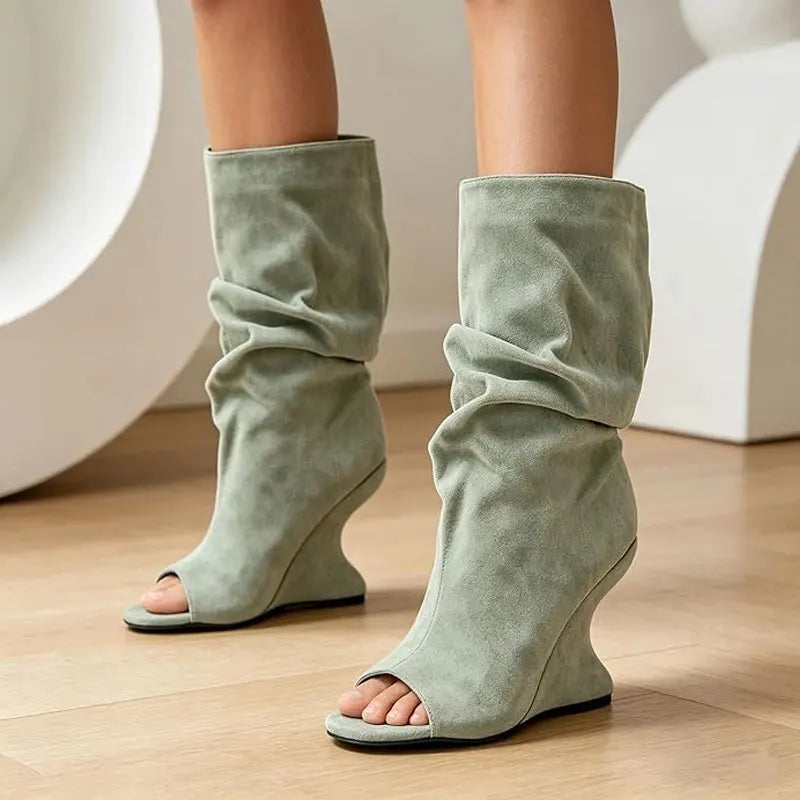 European AndAmerican Hot Girls with Pleated Pile Sleeves,fish Mouth Cool Boots,women's Fashion, Big Tube,sloping Andknight Boots