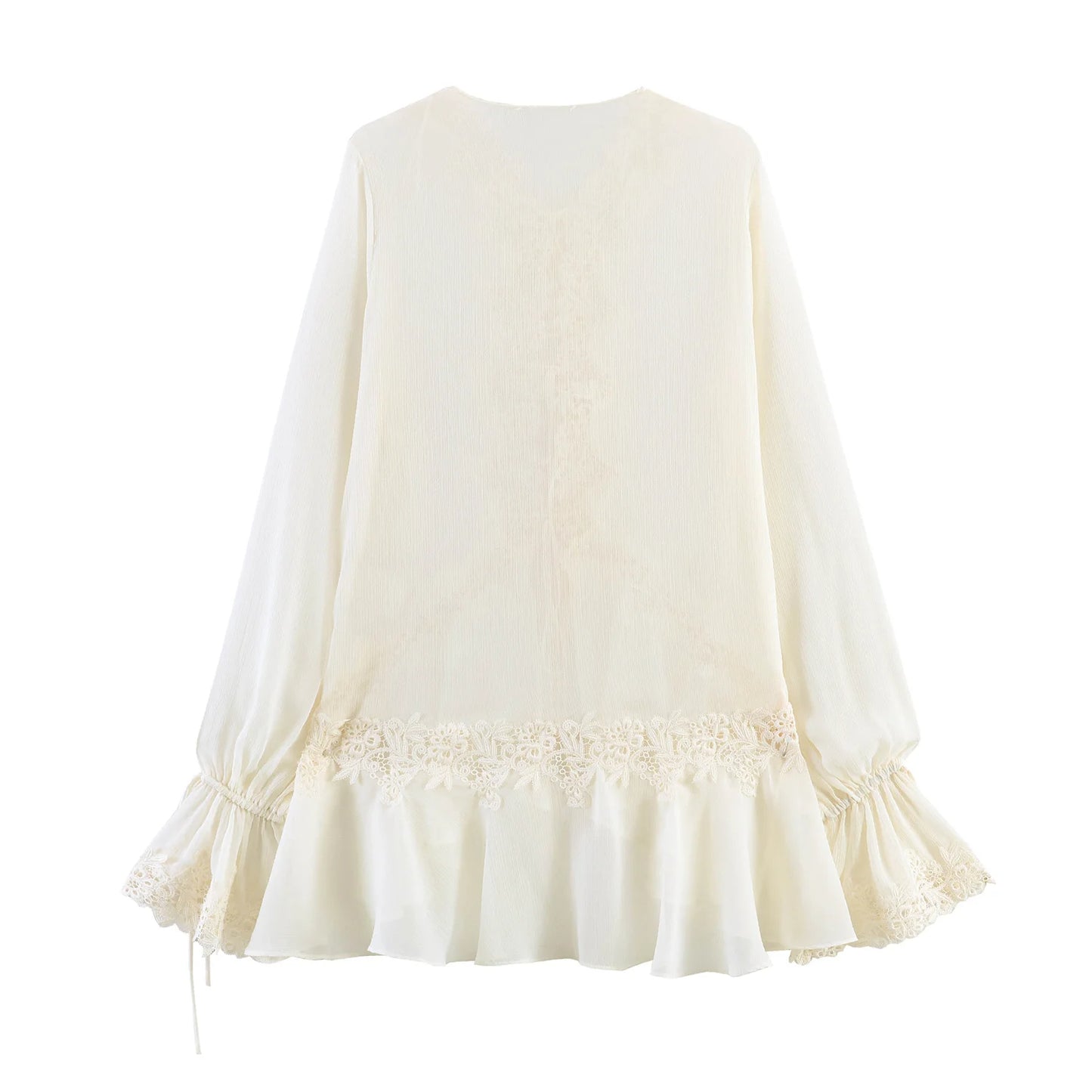 TFMLN New Women Blouse Fashionable Flare Sleeve Lace Spliced Semi-Sheer Cardigan Lace Up Tops Elegant Ruffled V Neck Shirt