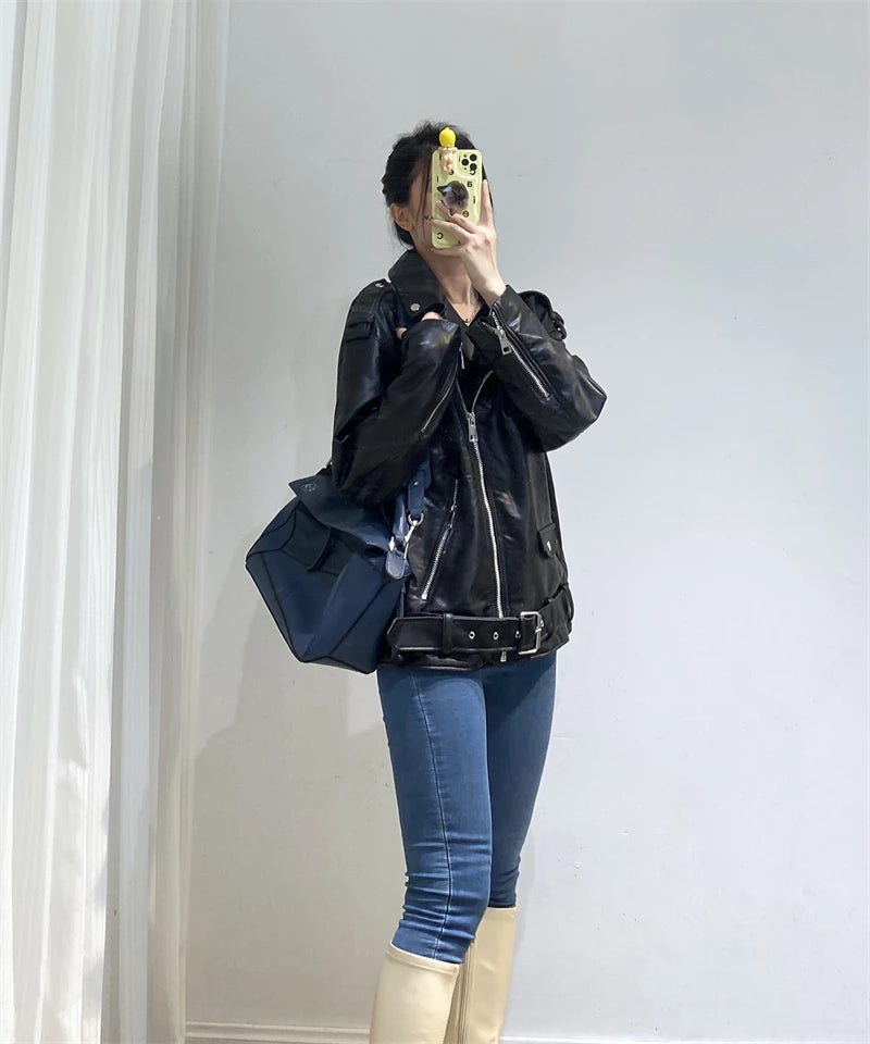 Neue 2025, Damen-Motorrad-Leder, PU-Kunstleder, lockere Jacke, schwarze Jacke