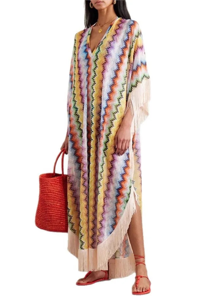 Bohemian Wave Print Long Dresses Women Fashion Casual Vacation Style Irregular V-neck Loose Dress Tassel Patchwork Beach Vestido