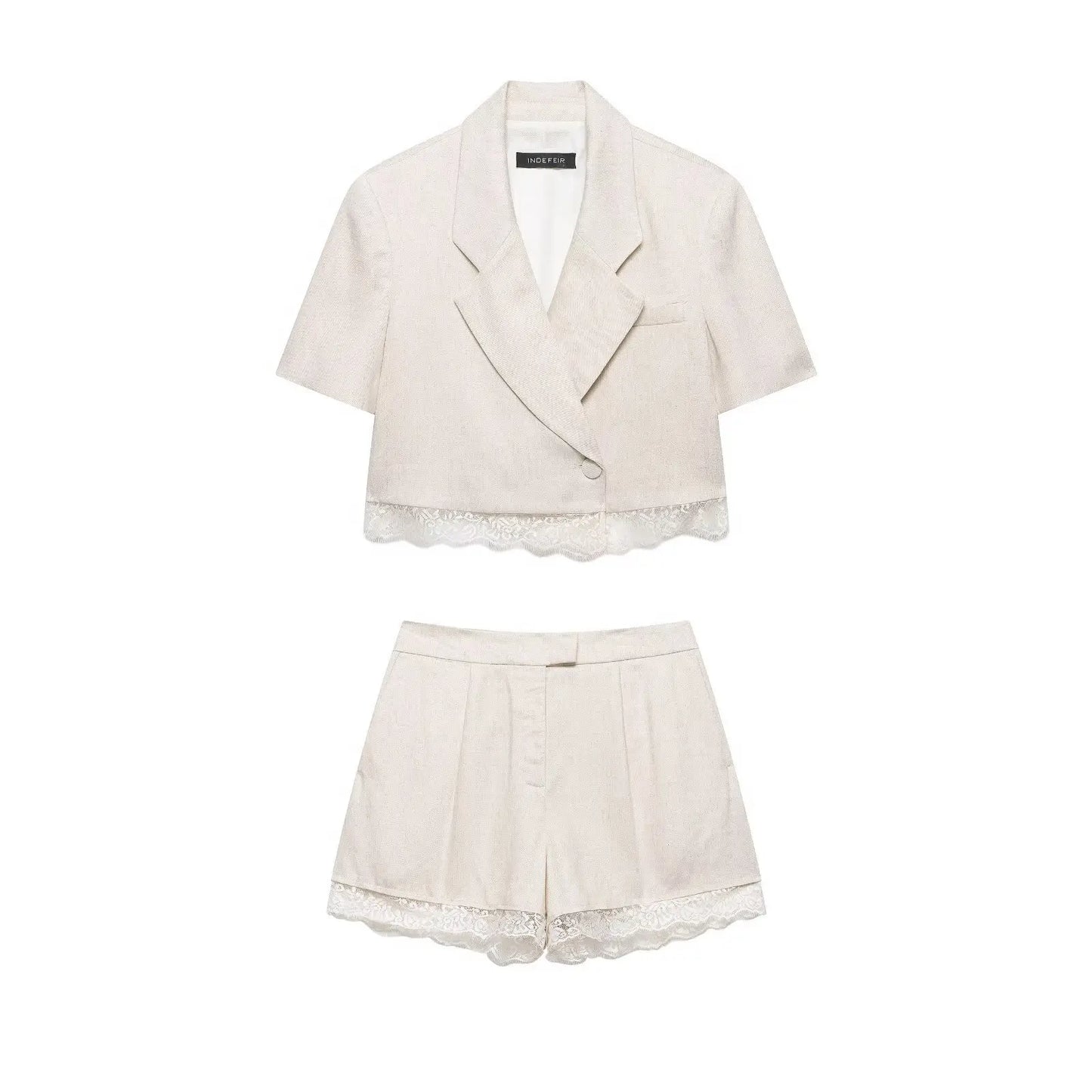 BSAY Lace Patchwork Shorts 2pc Suit Women's Summer Short Sleeve Lapel Blazer Front Pleated A-line Wide Leg Pants Chic Set