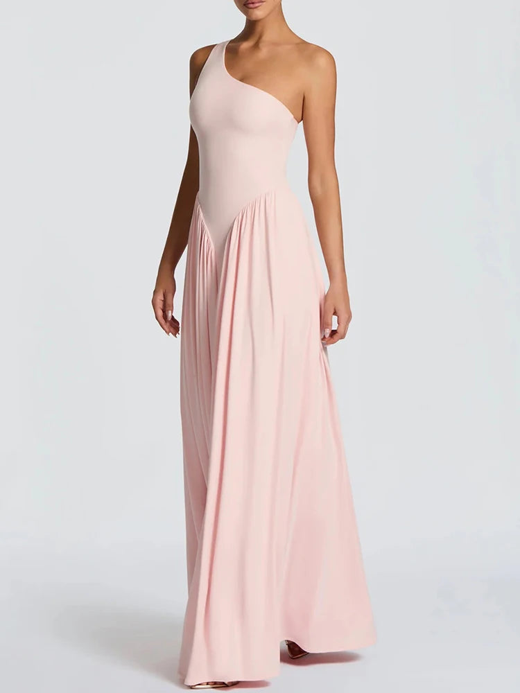 Mozision One Shoulder Backless Sexy Maxi Dress Women Elegant Diagonal Collar Sleeveless Bodycon Pleated Club Party Long Dresses
