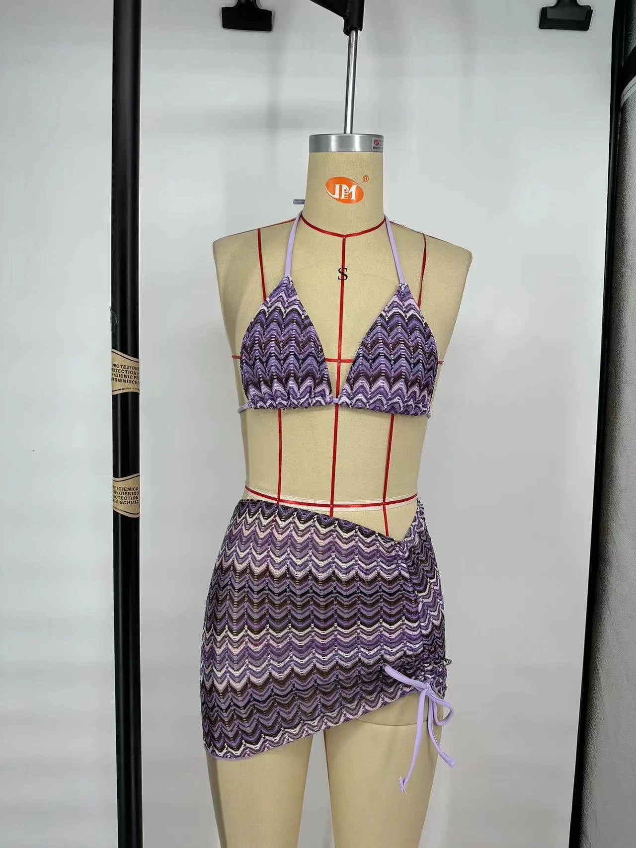 2025 New 3 Pieces Bikinis Sets Knitted Stripe With Skirt Knitting Beachwear Sexy Women's Swimsuit Cover-ups Strappy Beach Wear