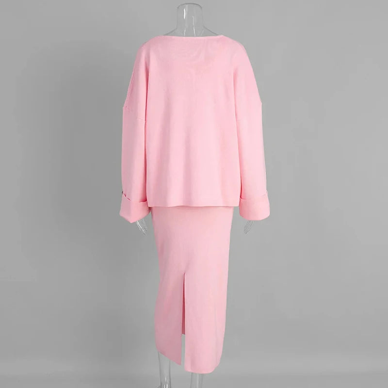 Mode Drei Stück Sets Frauen Outfits Solide Strick Weste Lose Einreiher Langarm Mäntel Winter Chic Maxi Rock Sets