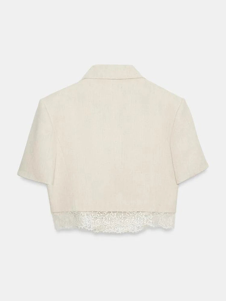 Fashion Lace Patchwork Suit Shorts Two-piece Set Women Lapel Short Sleeved Tops Pockets Pants Suits Summer Office Lady Outfits