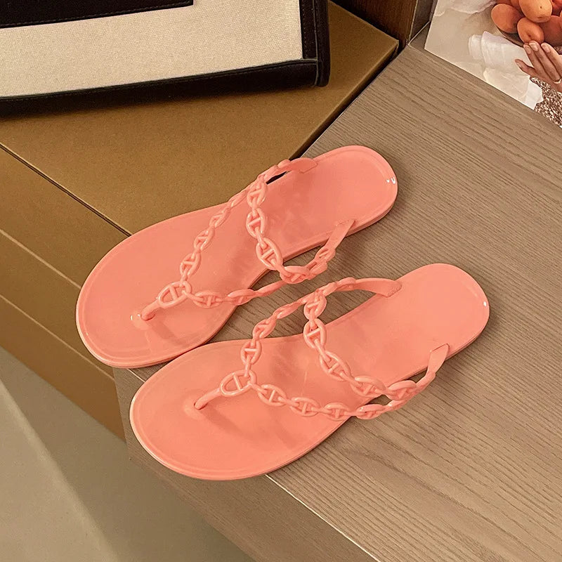 Anti-Slip Flat Sandals Women's Outdoor Beach Slippers Crystal Rhinestone Thong Slippers PVC Material Comfortable Casual Shoes
