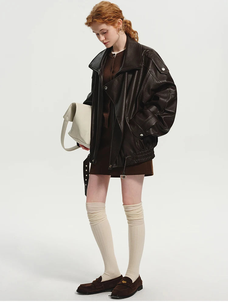 Lautaro Frühling Herbst Kühle Braun Übergroße Pu Leder Jacke Frauen Langarm Zip Up Luxus Designer Amerikanische Retro Kleidung