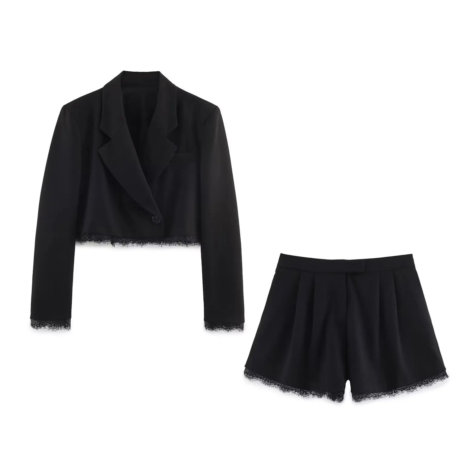 Fashion Women Lace Trim Cropped Blazer Shorts Suits Causal Slim Full Sleeve Coats High-waist Short 2026 New Ladies Solid Outwear