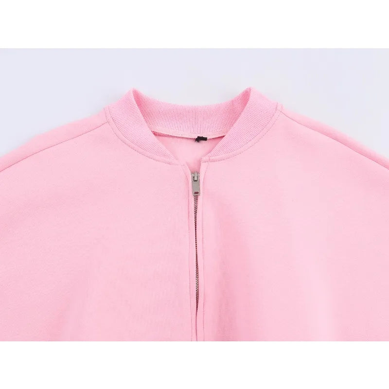 KADUWAKI Herbst Dame Casual Outfit Einfarbig Zipper Up Bomber Jacke Gerippte Borte Ausgestelltes Kordelzug Hose frauen Zwei Stück set