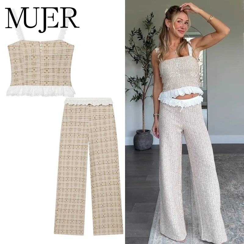 MUJER Ruffle Women's Pants Set Two Pieces Textured Wide Leg Pants for Women Mid Waist Pants Woman Outfit Summer Slip Top Lady