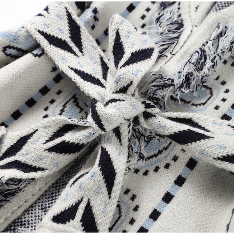 Frauen Quaste Patchwork Gedruckt Strickjacke Mode V-ausschnitt Langarm Lose Strickwaren Dame Herbst Pendeln Straße Strickjacken