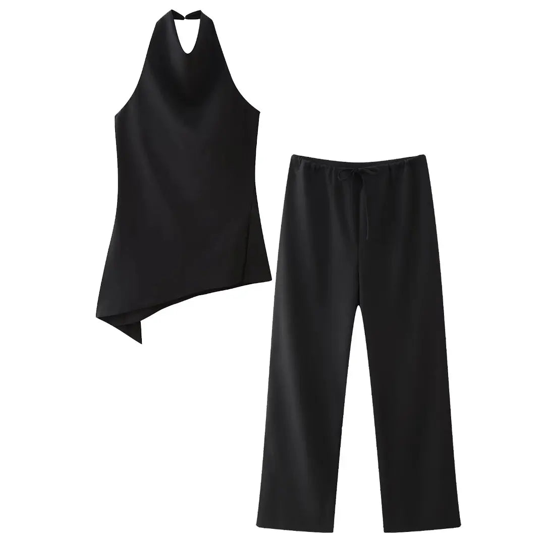 HH Women Vintage Solid Pant Sets Sexy Backless Halter Camis Top Asymmetric Tank Top + Drawstring Trousers Fashion Streetwear
