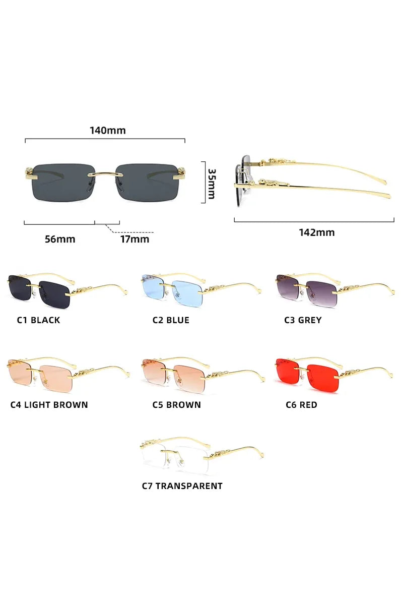 Klassische randlose Sonnenbrille für Herren und Damen, modisch, Leoparden-Dekoration, kleine Sonnenbrille, stilvoll, rahmenlos, zum Fahren, Reisen