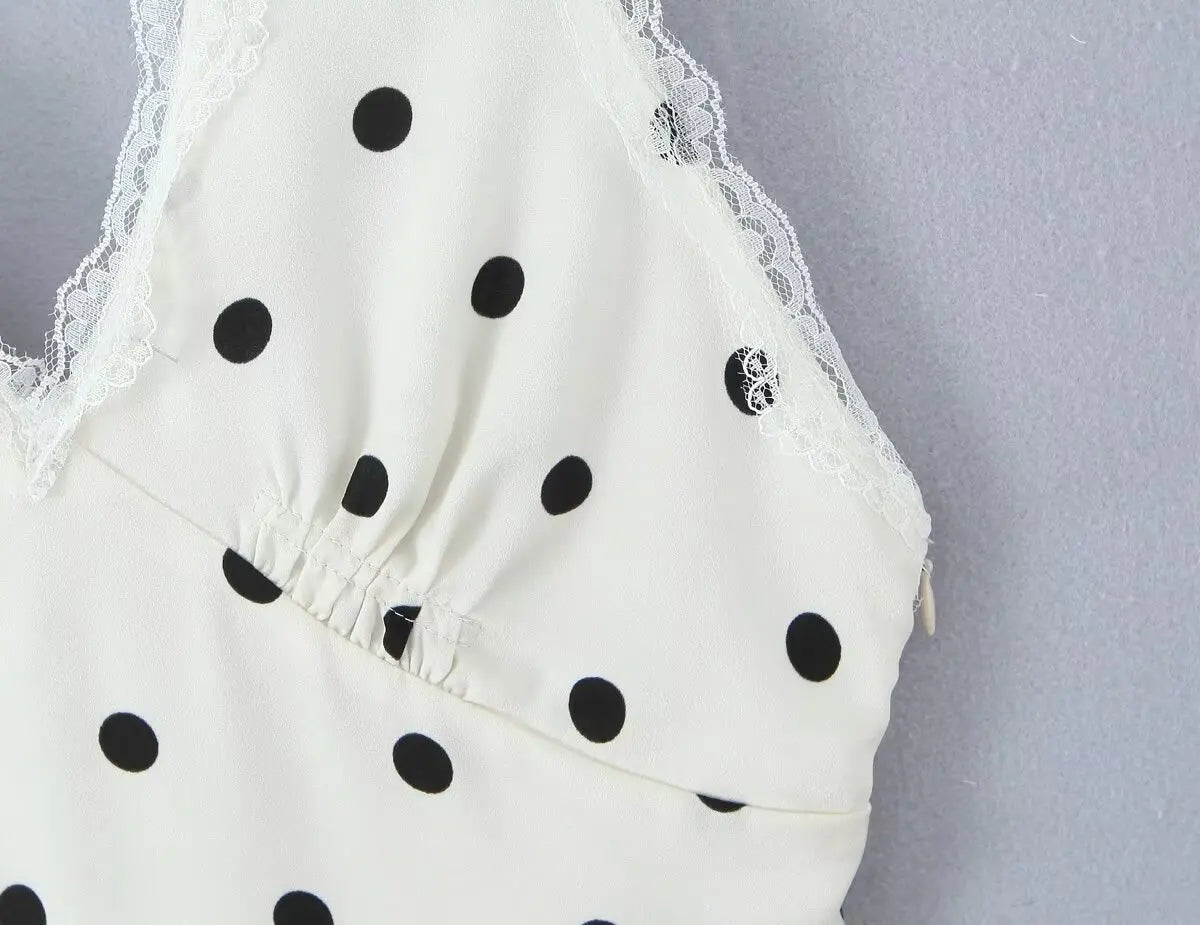 YENKYE Lace Spliced Polka Dot Halter Dress Women Elegant A-line Mini Sexy Backless Dresses Summer Robe 2025